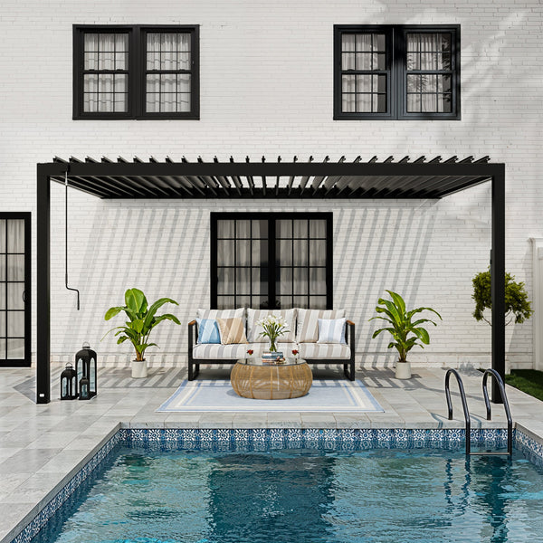 16x10 Evanston Wall Mounted Louvered Pergola View 2 - Noxmow Official Hardware