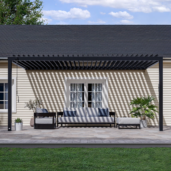 18x10 Evanston Wall Mounted Louvered Pergola View 2 - Noxmow Official Hardware