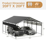 Patiowell 20x20 ft Outdoor Metal Carport, Black angle 3