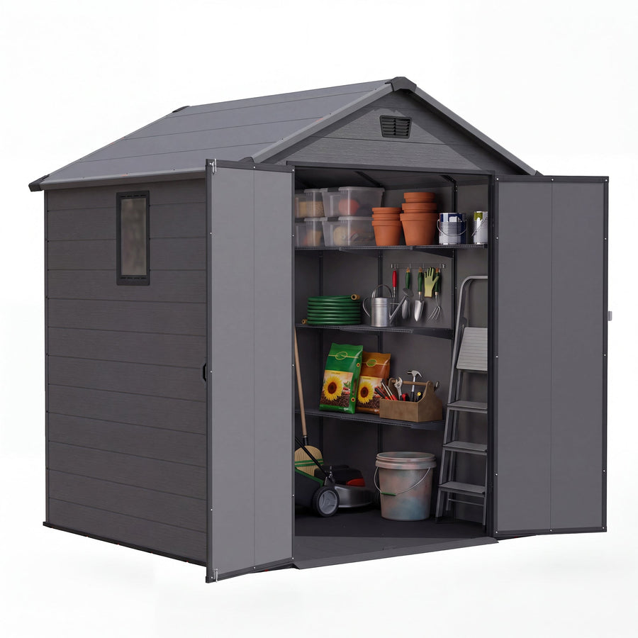 Patiowell 6x6 ft Plastic Shed with Vent, Window & Sloped Roof, Dark Gray detail view