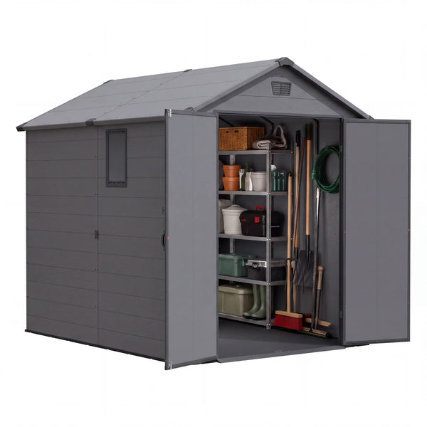 Patiowell 6x8 ft Plastic Shed with Vent, Window & Sloped Roof, Dark Gray View 2 - Noxmow Official Hardware