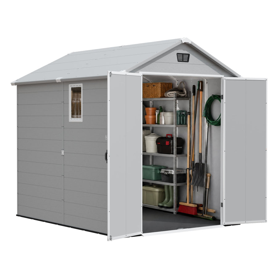 Patiowell 6x8 ft Plastic Shed with Vent, Window & Sloped Roof, Light Gray detail view