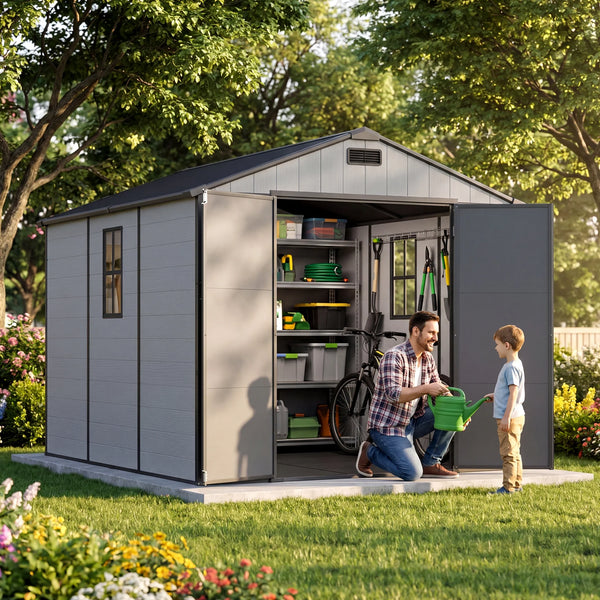 Patiowell 8x10 Plastic Storage Shed with Window and Lockable Door, Gray View 2 - Noxmow Official Hardware