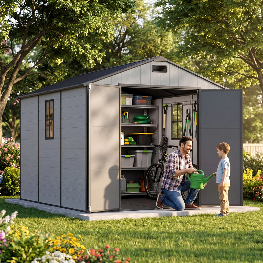 Patiowell 8x10 Plastic Storage Shed with Window and Lockable Door, Gray detail view