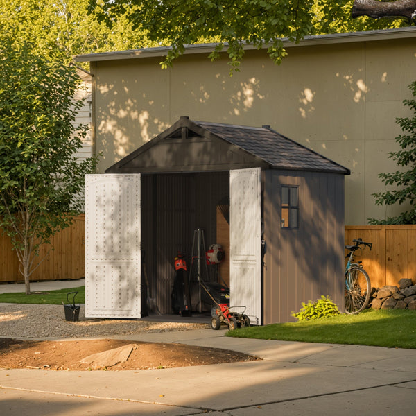 Kick-it 8x6 Plastic Storage Shed with Floor, Brown View 2 - Noxmow Official Hardware
