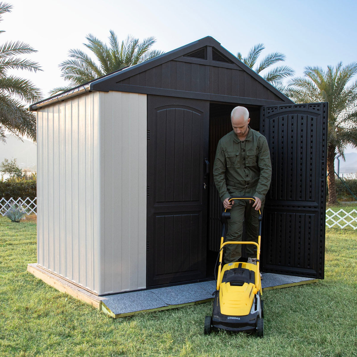 Kick-it 8x6 Plastic Storage Shed with Floor, Gray & Beige - Noxmow Official Hardware