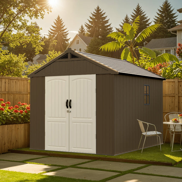 Kick-it 8x8 Plastic Storage Shed with Floor, Brown View 2 - Noxmow Official Hardware