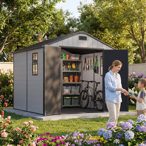 Patiowell 8x8 Plastic Storage Shed with Window and Lockable Door, Gray View 2 - Noxmow Official Hardware
