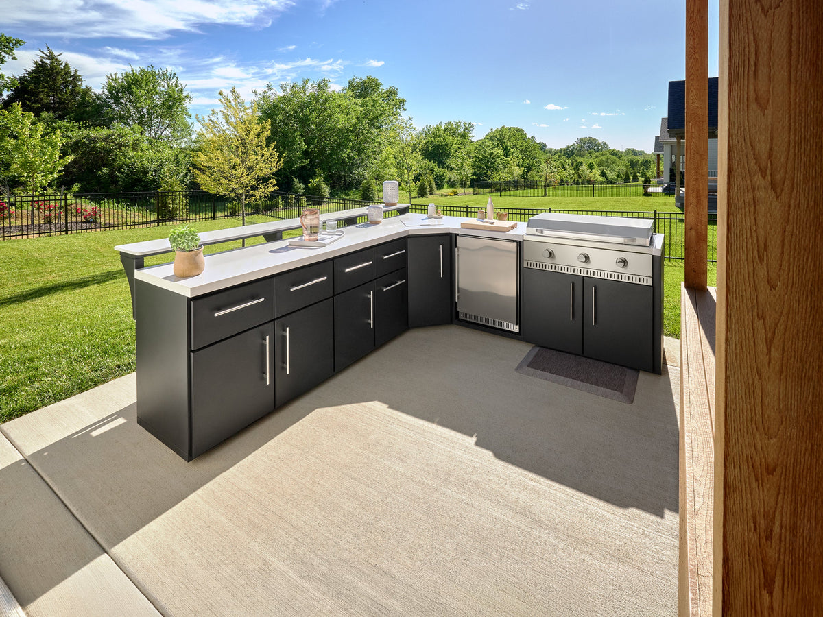 Emory | Corner Outdoor Kitchen Island with Bar Seating & Built-In Griddle – Right - Noxmow Official Hardware