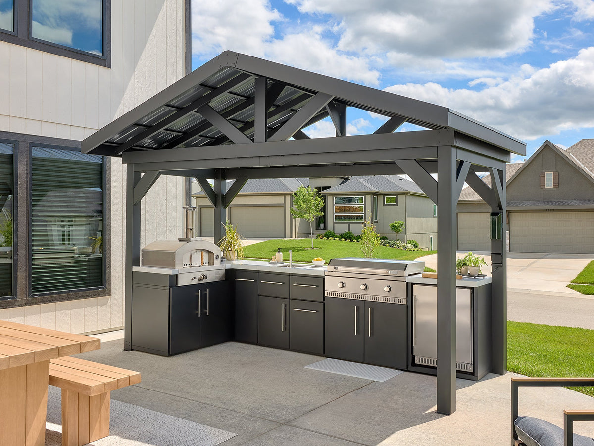 Lancaster | L-Shape Outdoor Kitchen with Built-In Griddle & Pizza Oven - Noxmow Official Hardware