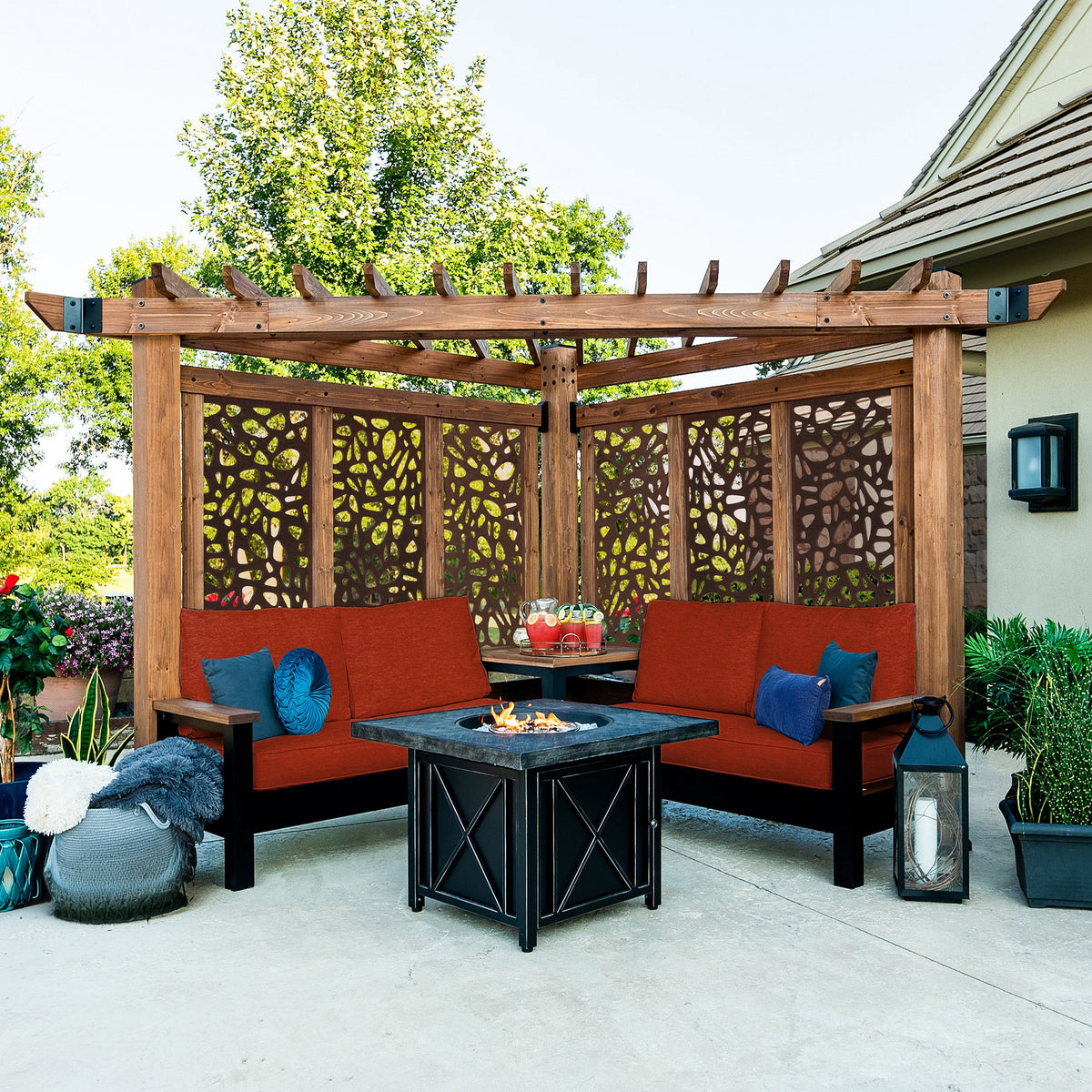 Tuscany Corner Pergola with Conversation Seating - Privacy Panels - Noxmow Official Hardware