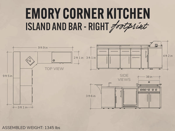Emory | Corner Outdoor Kitchen Island with Bar Seating & Built-In Grill – Right View 2 - Noxmow Official Hardware