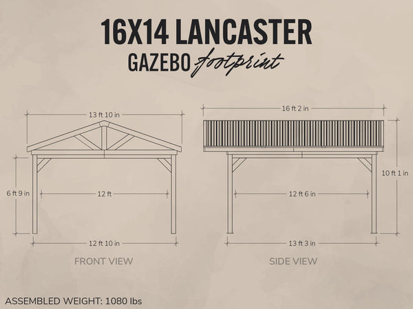 Lancaster | 16x14 Steel Gazebo with Gable Roof View 2 - Noxmow Official Hardware