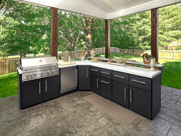 Emory | Corner Outdoor Kitchen Island with Bar Seating & Built-In Grill – Left View 2 - Noxmow Official Hardware