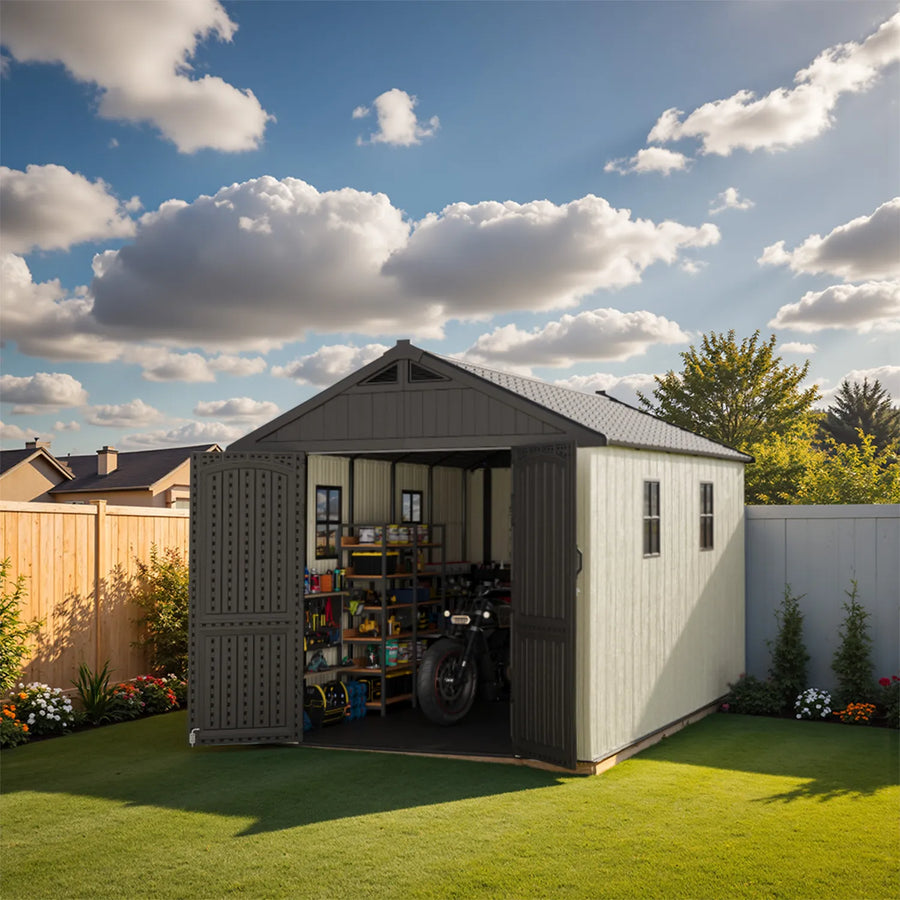 Kick-it 8x12 Plastic Storage Shed with Floor, Gray & Beige detail view