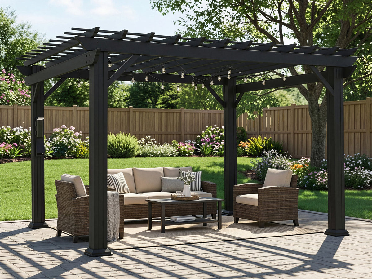 Stratford | 12x10 Steel Pergola – Black - Noxmow Official Hardware