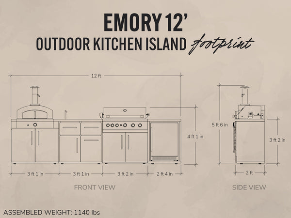 Emory | 12-Foot Outdoor Kitchen Island with Built-In Grill & Pizza Oven View 2 - Noxmow Official Hardware