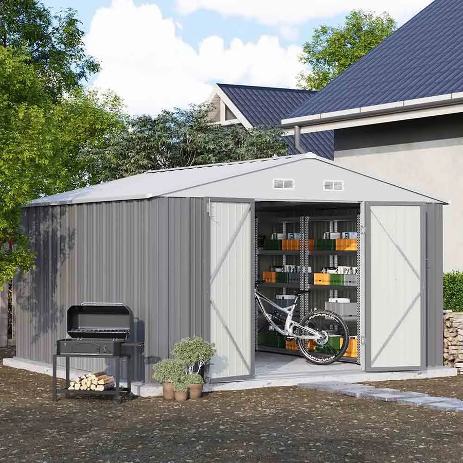 Patiowell 10x10 Metal Storage Shed with Floor Frame, Gray detail view