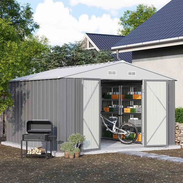 Patiowell 10x10 Metal Storage Shed with Weather-Resistance, Gray View 2 - Noxmow Official Hardware