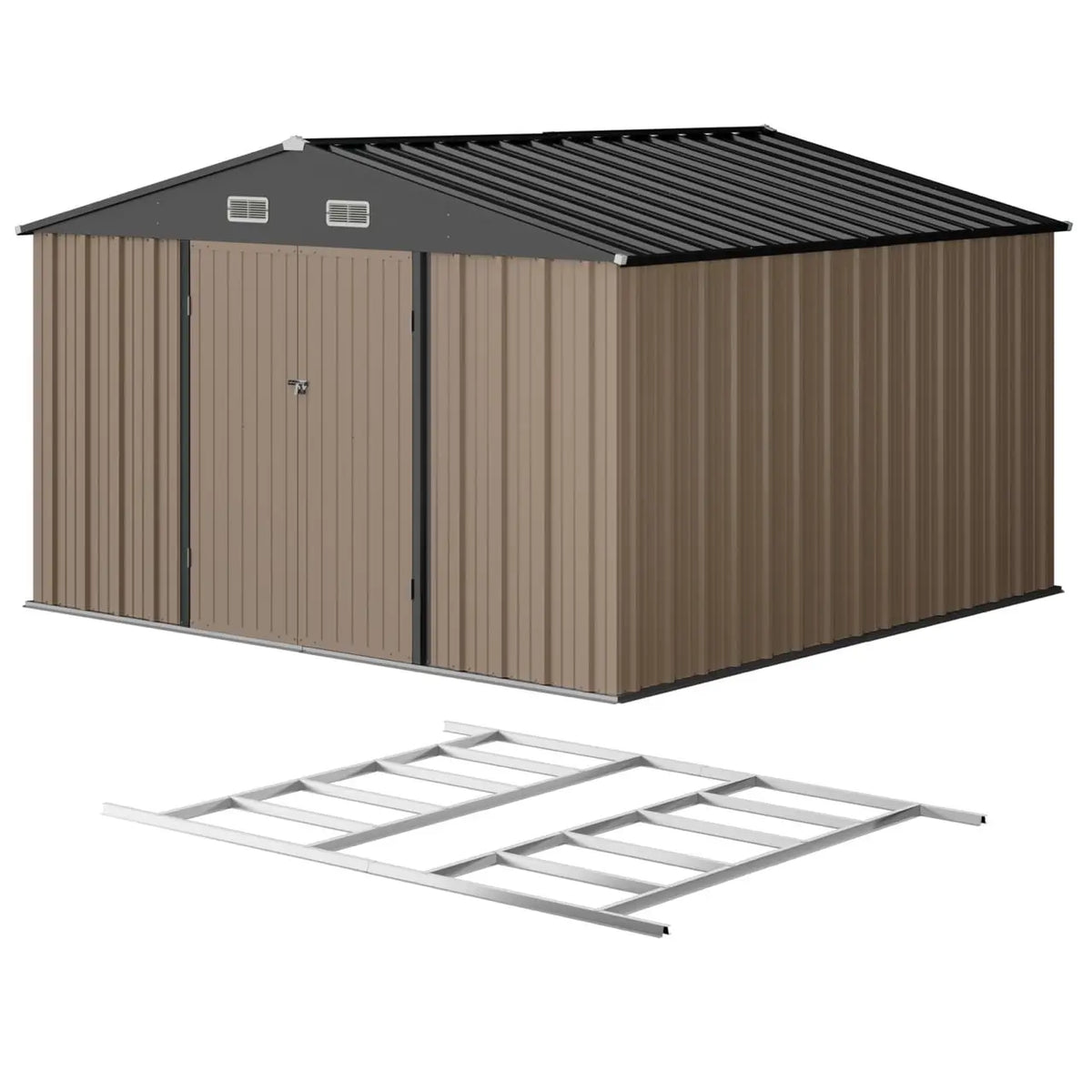 Patiowell 10x10 Metal Storage Shed with Floor Frame, Brown - Noxmow Official Hardware