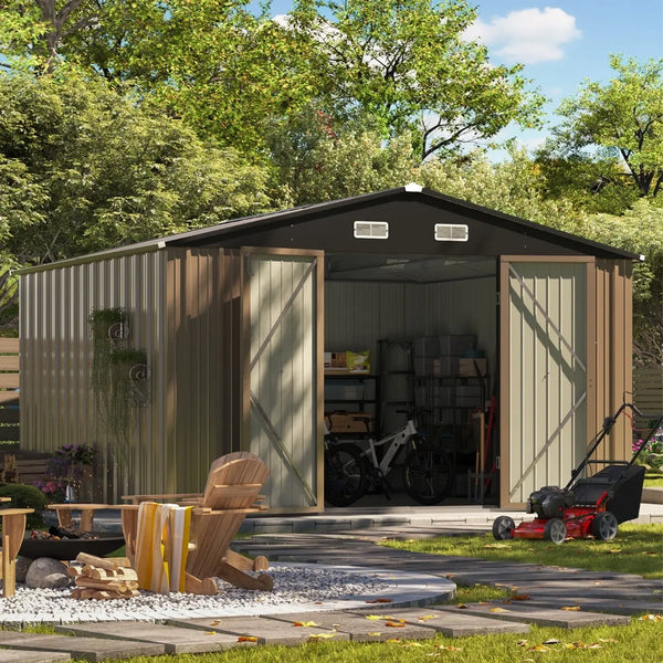 Patiowell 10x10 Metal Storage Shed with Floor Frame, Brown View 2 - Noxmow Official Hardware