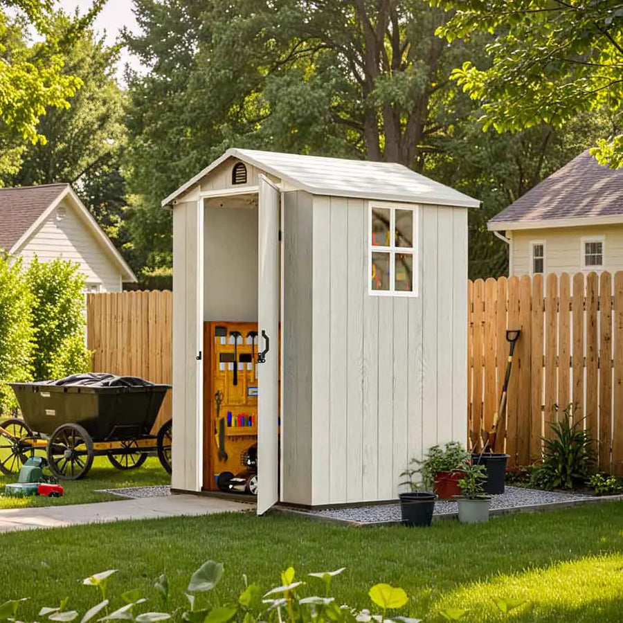 Patiowell 4x4 Plastic Storage Garden Shed, Gray White detail view
