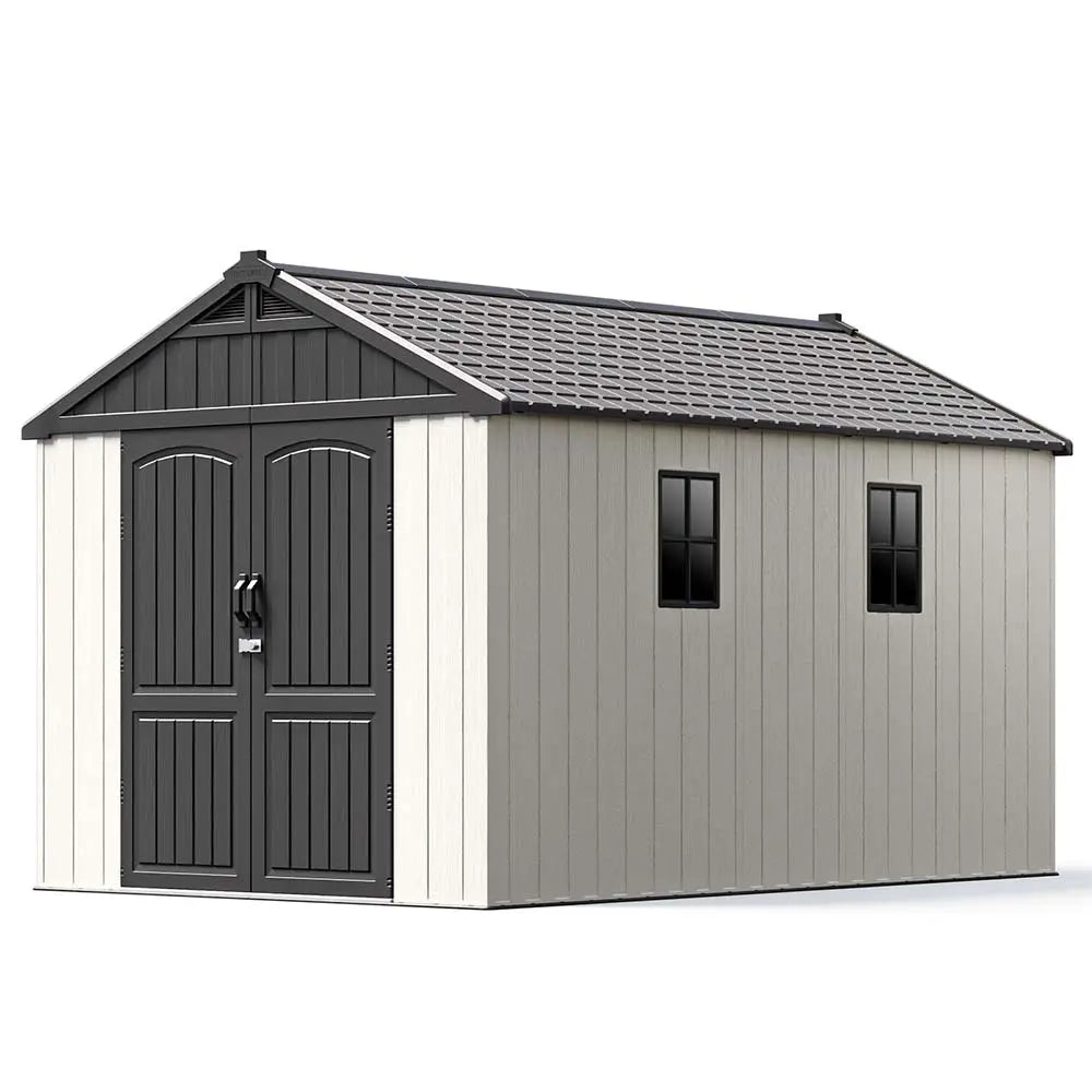 Kick-it 8x12 Plastic Storage Shed with Floor, Gray & Beige - Noxmow Official Hardware