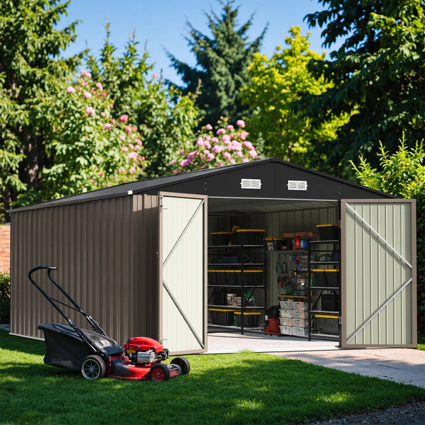 Patiowell 10x14 FT Large Metal Garden Shed (Brown) with Lockable Door and Sloping Roof View 2 - Noxmow Official Hardware