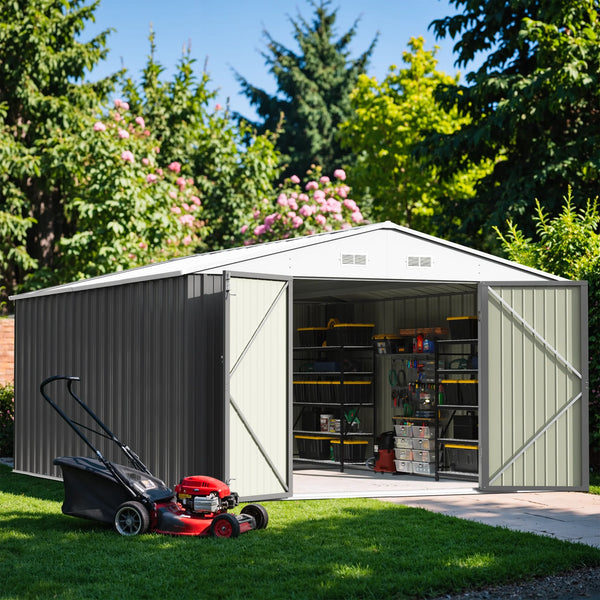 Patiowell 10x14 FT Large Metal Garden Shed (Gray) with Lockable Door and Sloping Roof View 2 - Noxmow Official Hardware