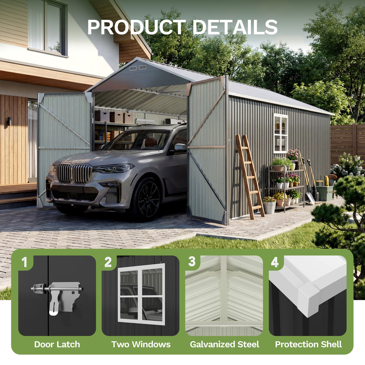 Patiowell 12x20 ft Metal Shed Outdoor Garage with Double Doors & Windows, Black & White - Noxmow Official Hardware