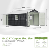 Patiowell 12x20 ft Metal Shed Outdoor Garage with Double Doors & Windows, Black & White angle 4