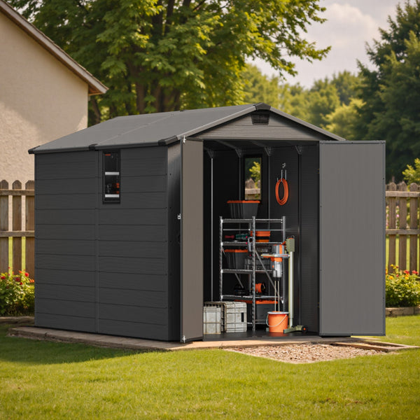 Patiowell 6x10 ft Plastic Shed with Window, Dark Gray View 2 - Noxmow Official Hardware
