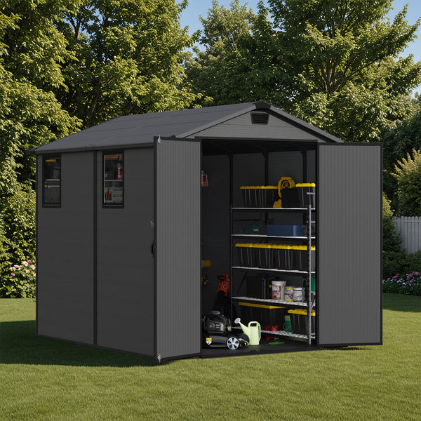 Patiowell 6x8 ft Plastic Storage Shed with Vents and Windows, Dark Gray View 2 - Noxmow Official Hardware