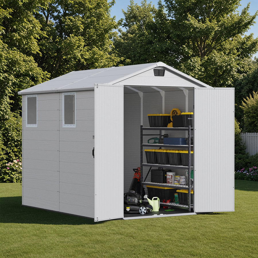 Patiowell 6x8 ft Plastic Storage Shed with Vents and Windows, Gray detail view