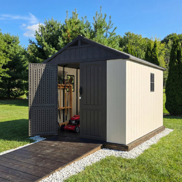 Kick-it 8x10 Plastic Storage Shed with Floor and Windows, Gray & Beige View 2 - Noxmow Official Hardware