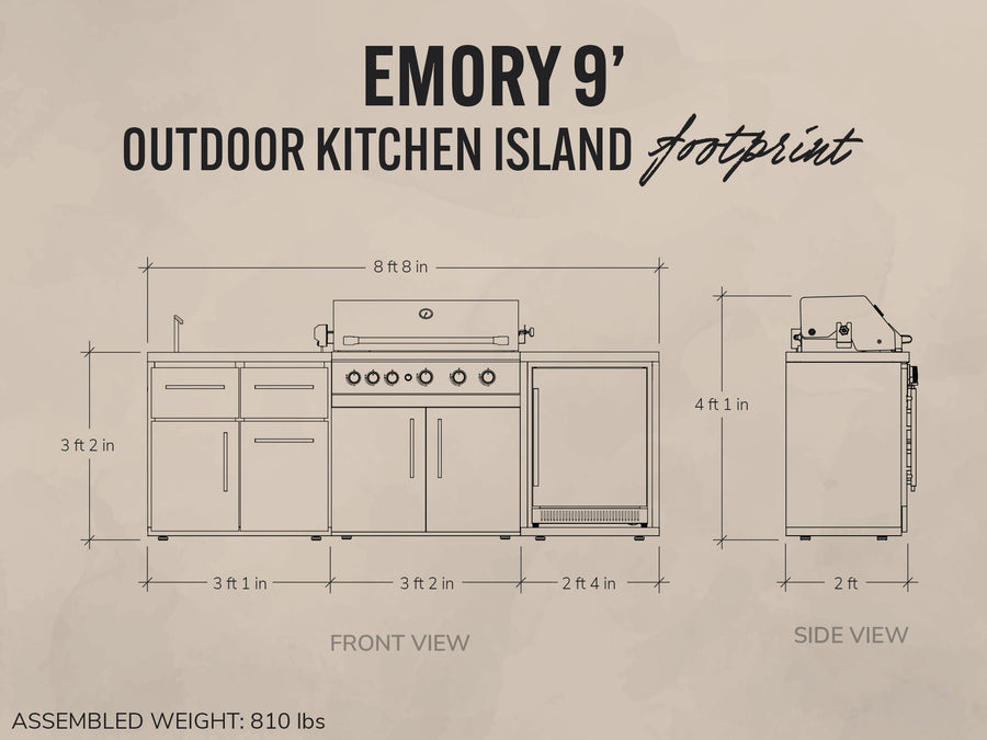 Emory | 9-Foot Outdoor Kitchen Island with Built-In Grill detail view