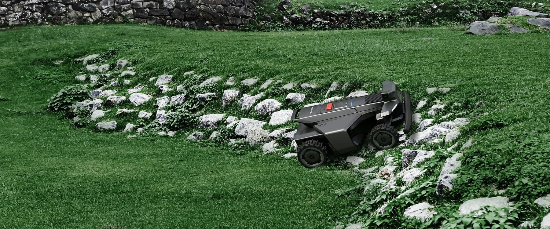 X450 crossing a rocky lawn